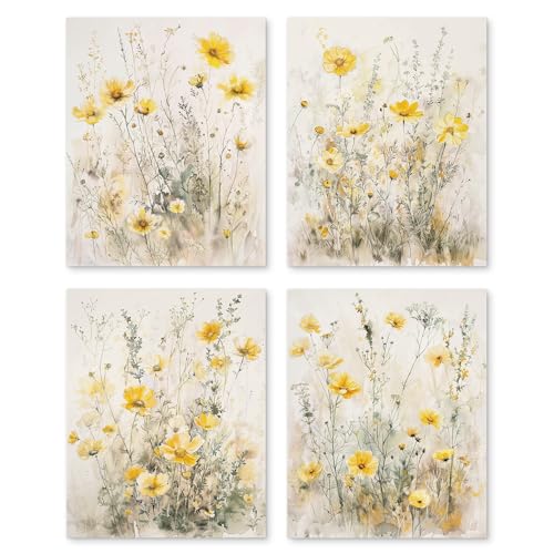 PUHEI Summer Floral Wall Art Prints Set of 4, Summer Yellow Daisy Flower Wall Posters Decor for Farmhouse Home Living Room...