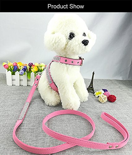 Newtensina Fashion Puppy Harness with Diamantes and Lead Cute Girls Bling Dog Harness with Bling Leashes for Small Dogs