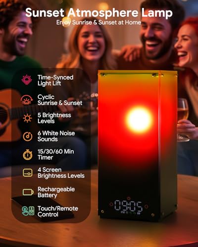 Sunset & Sunrise Table Lamp, Dimmable Ambient Desk Lamp with 6 White Noise Sounds, Touch & Remote Control with Timer for B...