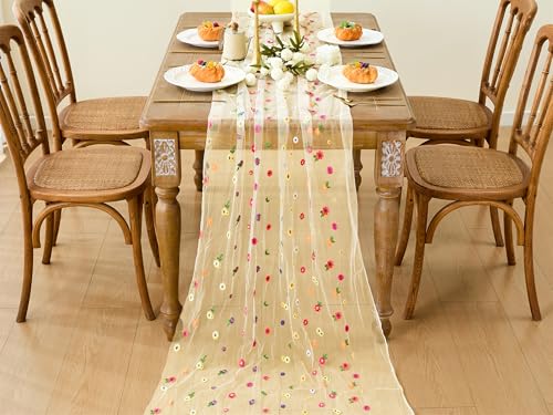 YATOJUZI Champagne Table Runner Embroidery Daisy Summer Floral Decorations Seasonal Tulle Dining Table Runners for Home Ki...