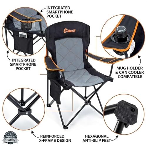 EMERIT 2 Pack Oversized Padded Camping Chair, 350LB Heavy Duty Quad Fold Chair with Arms, Collapsible Outdoor Chairs with ...