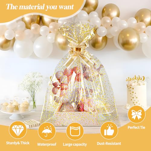 COQOFA 10 Pieces Large Cello/Cellophane Bags 18x30 Inches Clear Basket Gift Bags Gold Star Printed OPP Plastic Cellophane ...