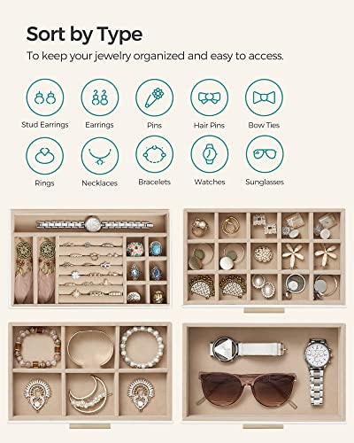 SONGMICS GISELLA Collection - Jewelry Box Organizer, 4-Layer Jewelry Storage with 3 Drawers, Shiny Metal Hardware, Glass L...
