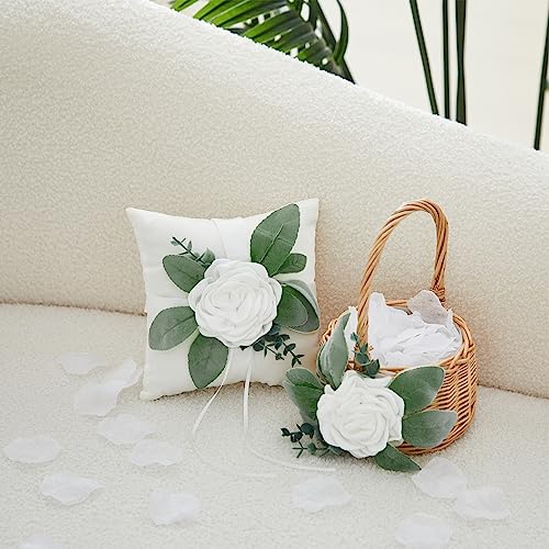 Otuuz Rustic Flower Girl Basket and Ring Bearer Pillow Set with 600 Pcs Rose Petals Flower Girl Basket Boho Rustic Flower ...