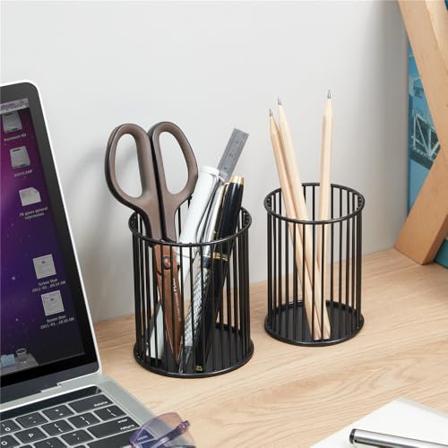 YAMAJA 2 Sets Metal Pen Holder for Desk,Makeup Brushes Cup Holder, Pencil Holders, Pen cup, Home and Office Organizer, Black