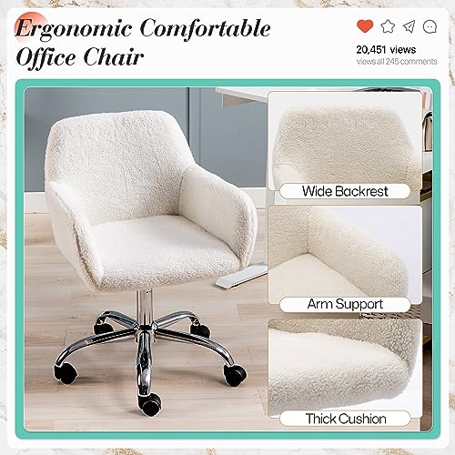 Homedraft Faux Fur 360°Swivel Desk Chair, Height Adjustable Home Office Armchair with Slivery Base for Teens Women Girls, ...