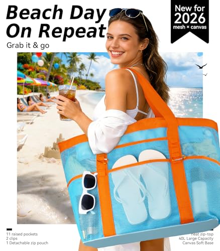 Yeendibo 2026 Chic & Spacious XX-Large Beach Bag for Women — Mesh × Canvas Tote with Top Zipper, 11 Pockets, Detachable Po...