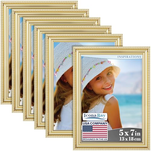 Icona Bay 5x7 Picture Frames (Gold, 6 Pack), Beautifully Detailed Molding, Contemporary Picture Frame Set, Wall Mount or T...