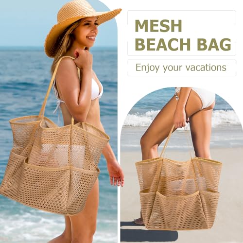 Iioscre Beach Bag for Women, Causal Hobo Pool Bags with Zipper Inner Pocket, Foldable Swim Tote Bag for Vacation Essentials