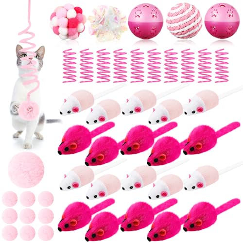 Gemscream 46 Pcs Cat Toys Set Interactive Cute Cat Toys Include Fur Mice Rattle Springs Crinkle Balls Pompom Bell Sisal Ba...