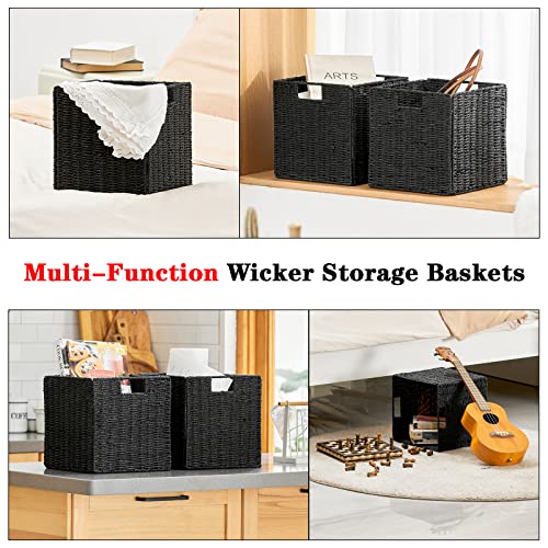 Vagusicc Wicker Storage Basket, Set of 2 Hand-Woven Wicker Basket, Foldable Cube Storage Bin, Black Storage Basket, Square...