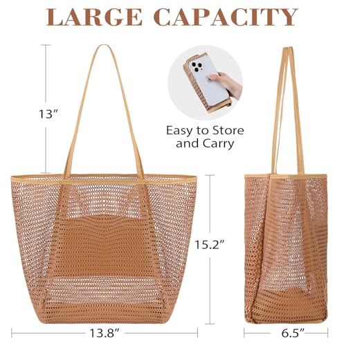 Tavaleu Mesh Beach Bag, Beach Bags for Women, Woven Straw Beach Tote Bag Waterproof with Inner Pocket, Packable Beach Bag