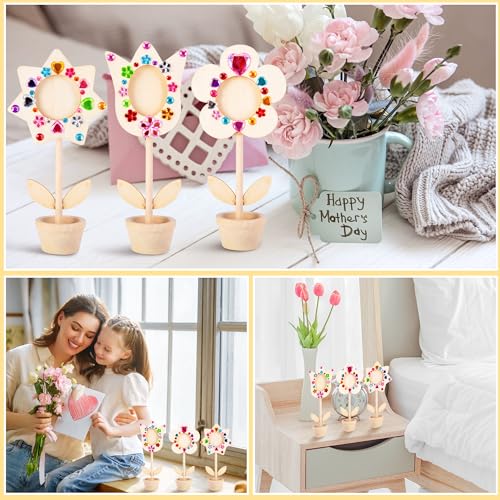 14 Sets DIY Paintable Wood Flowers Photo Holders, Mother's Day Crafts Wooden Flower Picture Frames, Spring Flower Pot Unfi...