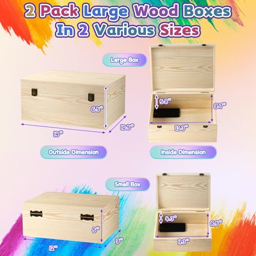 HIPNOOK Large Unfinished Wooden Boxes Set of 2 Sizes Wood Box with Hinged Lid – Large Wooden Boxes– Keepsake Memory Boxs- ...