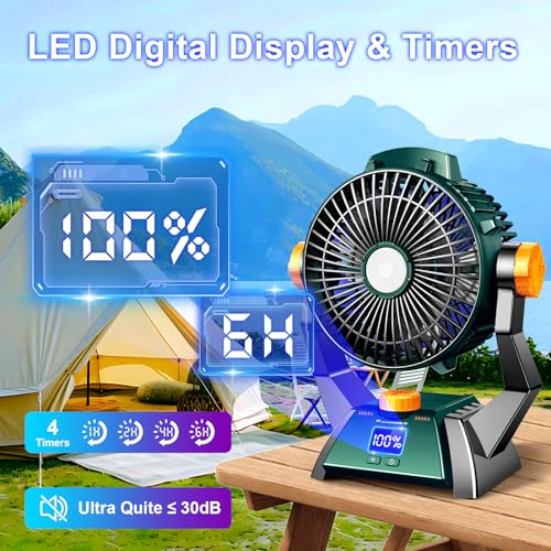 Camping Fan - Rechargeable Portable Battery Powered Camping Fans for Tents with LED Light, Power Display, Timers & 360° Ha...