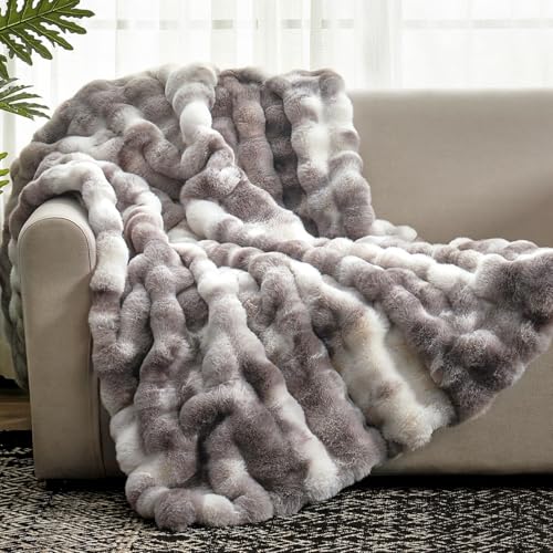 Cozy Bliss Faux Fur Throw Blanket for Couch, Fuzzy Soft Plush Thick Bubble Blanket for Sofa Bedroom Living Room, 50 * 60 I...