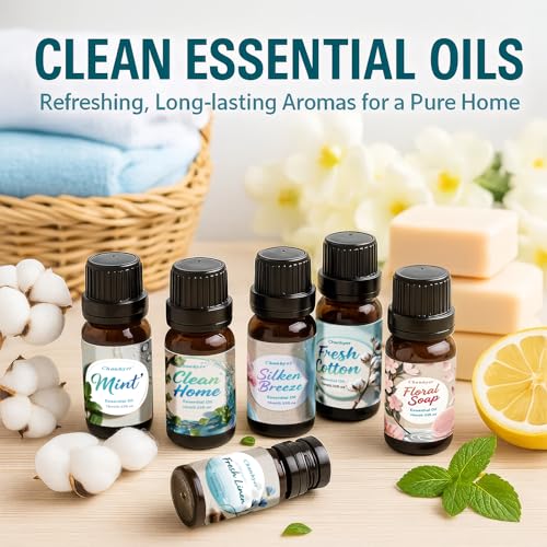 Clean Essential Oils Set 6 x 10ml–Fresh Linen, Mint,Clean Home,Silken Breeze, Fresh Cotton, Floral Soap for Diffuser, Home...