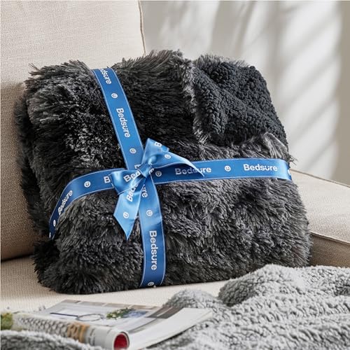 Bedsure GentleSoft Fluffy Black Blanket Cozy Gifts for Men, Black Home Decor Soft Fuzzy Plush Thick Warm Sherpa Fleece Fau...