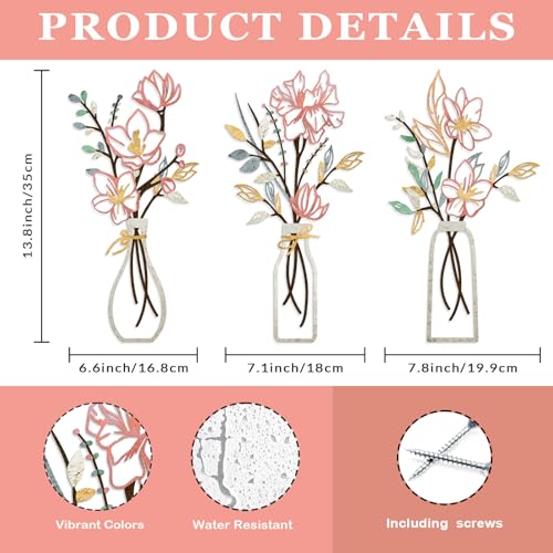 ARTINME 3 Pieces Metal Flowers Wall Arts - Pink and Beige Rustic Farmhouse Decor Minimalist Flower Wall Decors for Living ...