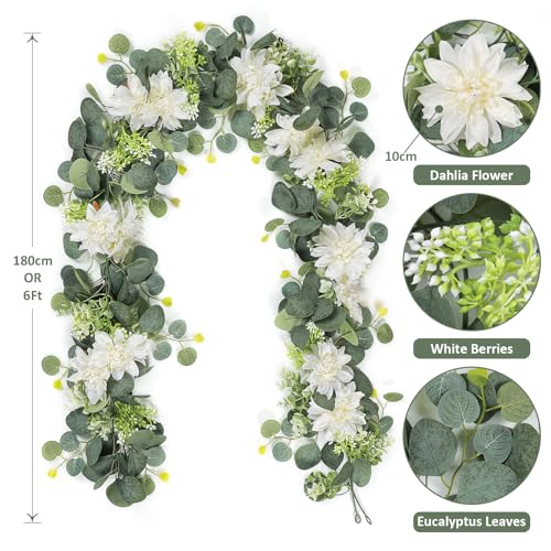 Dremisland Artificial Flowers Garlands 2 Pack 12Ft Artificial Eucalyptus Garland with Dahlia Flower Hanging Flowers Vines ...