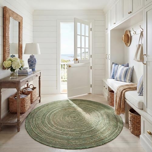SAFAVIEH Area Rug 5' Round - Cape Cod Collection - Green & Natural Brown, Handmade Jute & Cotton, Woven Braided Design (CA...