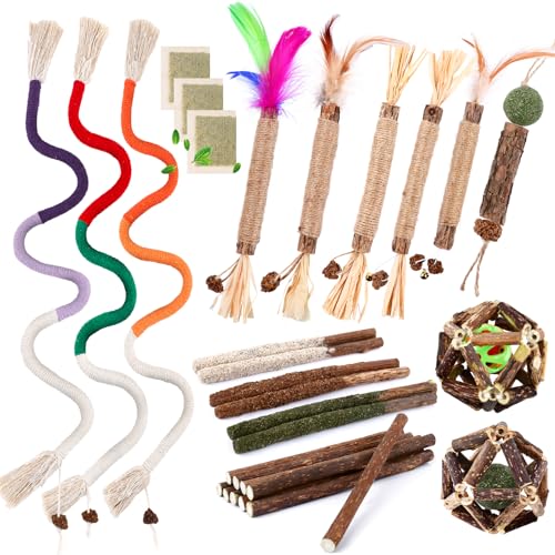 WOUSEDO 27 Pack Catnip Chew Toys for Cats,Cotton Sisal Rope Toys,Cat Natural Silvervine Sticks,for Cat Teeth Cleaning and ...