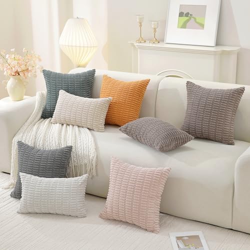 YSTELLAA Set of 2 Corduroy Decorative Throw Pillow Covers 18x18 Inch, Boho Striped Pillow Covers Farmhouse Home Decor for ...