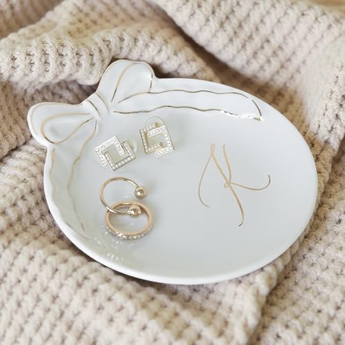 COLLECTIVE HOME Custom Initial Ceramic Jewelry Tray with Bow - Ring Holder & Earring Dish | Christmas Gift Idea for Women,...