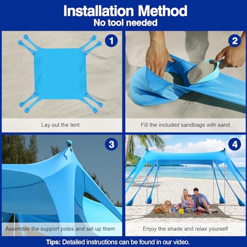 Rhino Valley Beach Tent Shade Canopy UPF50+ Protection, 8 Sandbags, 4 Stability Poles, Outdoor Sun Shelter Umbrella for Sa...