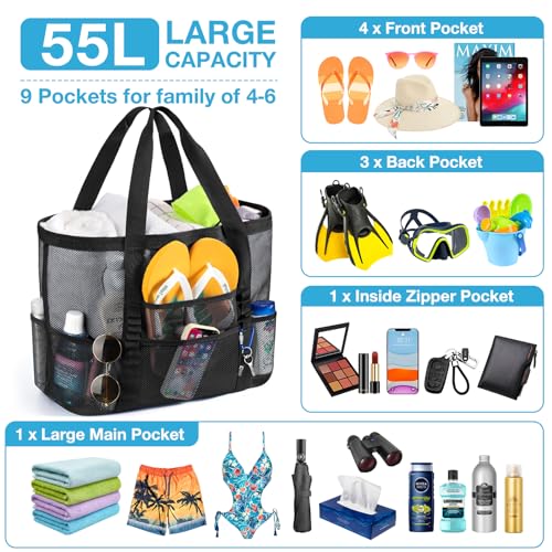 KPX Mesh Beach Bag, Large Beach Tote Bags for Women Foldable Mesh Swimming Pool Bag with Mini Pockets - Sandproof, Waterproof