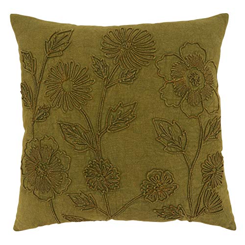 SARO LIFESTYLE Genevieve Collection Stone Washed Floral Pillow Cover, 20", Green