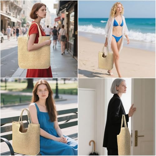 PASDUCHAS Soft Large Straw Beach Bag, Straw Wicker Beach Tote Summer Woven for Women