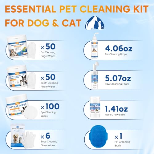 Pjordo Dog Wipes Cleaning Deodorizing, Grooming Wipes & Paw Cleaner, Pet Cleaning Kit for Teeth, Ears, Eyes, Paw, Body, Ea...