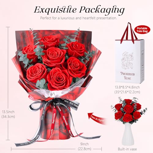 Preserved Flowers Bouquet 7 Roses - Red Real Rose & Flowers for Delivery, Eternal Roses Bouquet with Gift Box, Mothers Day...