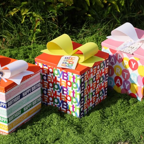 BIOBROWN Medium Birthday Gift Boxes with Lids for Presents, 9x9x9 Inches Text Design Collapsible Gift Box for Birthday, Ba...