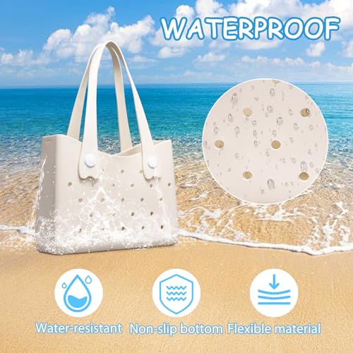 Larcenciel Rubber Tote Bag, Perforated Design Waterproof Beach Bags for Women with Shoulder Strap, Summer Travel Beige Han...