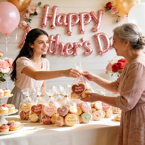 LOKIQNG Cellophane Bags Plastic Mothers Day Gift Bags Clear Cookie Treat Bags with Twist Ties for Party Favor Bag(100PACK,...