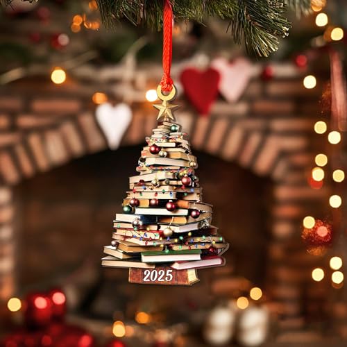 Pack 2 Book Tree Christmas Ornament (1 Wood+1 Acrylic), 2025 Bookworm Christmas Ornaments 2D Flat, Gift for Women, Book Lo...