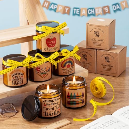 Lyrow 6 Pcs Teacher Appreciation Candles Gifts Set Best Teachers Gifts for Women and Men Include Ruler-Style Ribbon 3.5 oz...