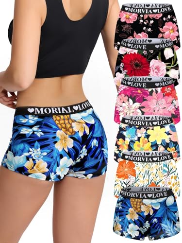 Morvia 6 Pack Gothic Halloween Print Boyshorts, High Waist Variety Underwear with Elastic Band, Skull Rose Stars Pattern