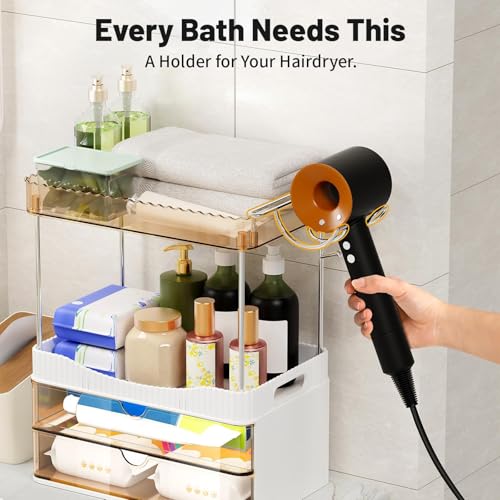 TasticTotes Bathroom Counter Organizer with Hairdryer Holder, 2-Tier 2-Drawer Shower Organizer for Skincare, Makeup Cosmet...