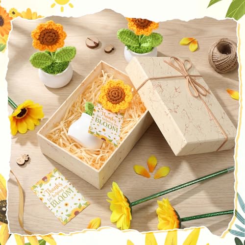 FunooFuno 8 Set Crochet Sunflower Pot with Artificial Flower Ballpoint Pen Bags Cards Ribbon Sunflower Floral Potted Plant...