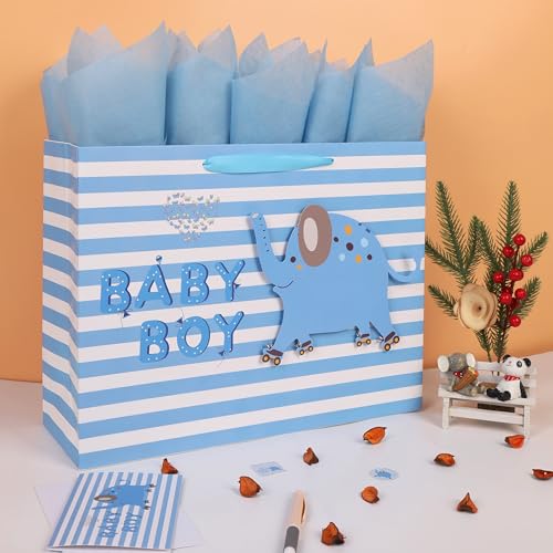 16.5” Extra Large Baby Boy Gift Bag Set with Handles, Greeting Card, Blue Tissue Papers and Stickers for Boys Kids for Bab...