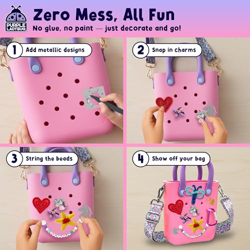 PURPLE LADYBUG Beach Tote With Beads & Charms For Kids, Fun Crafts for Girls Ages 6-8, Summer Travel Beach Bag For Girls