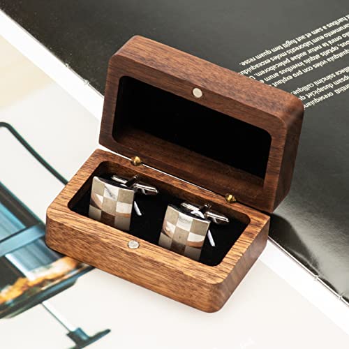 COSISO Natural Walnut Wooden Cufflink Box For Jewelry Storage,Small Cuff Links Display Case for Men (A)
