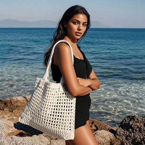ENBEI Women's Beach Tote Bag, Crochet Knit Hollow Design, Stylish Tote for Beach,Travel and Everyday Use Aesthetic Handbag