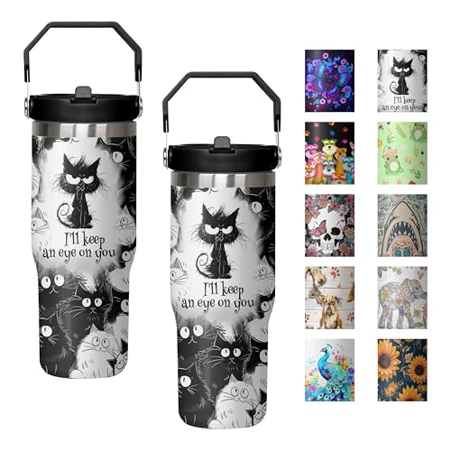 mvhsuoem 30 oz Cat Black Flip Straw Tumbler with Top Handle for Cat Black Lover Resuable Vacuum Insulated Flip Top Water b...