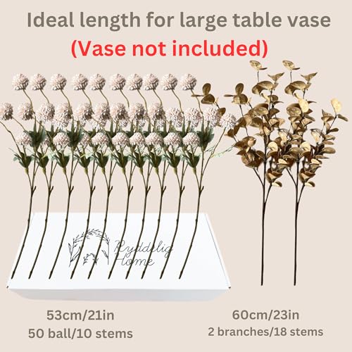 Artificial Flowers for Vase - Beige Silk Mums 10 Long Stems with Eucalyptus, Faux Flowers Home Decor, Neutral Tan Cream Fl...