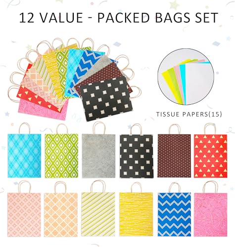 12 Pack 13" Large Kraft Paper Gift Bags Assortment with Tissue Paper & Handles, 12 Unique Solid & Geometric Pattern Design...