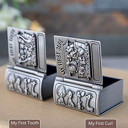 First Curl and First Tooth Keepsake Box for Kids Metallic Engraved Cute Shape, Silver Tooth Holder, Tooth Collection Organ...